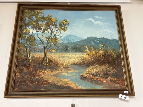 Framed Oil on Board of Creek with Mountains in the Background - signed M. Walker