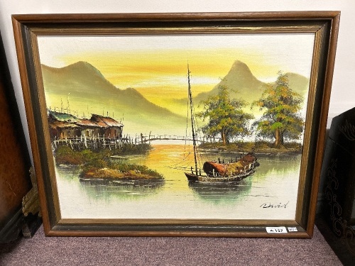 Resting Asian Fishing Boat - Oil on Board - signed David