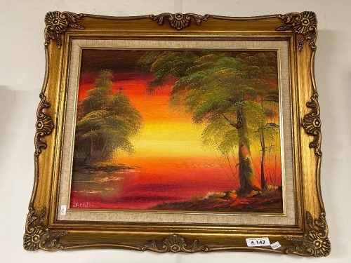 Oil on Board of Trees at Sunset - Signed J. Ments in Carved Gilt Frame