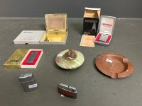 Collection of vintage lighters inc. Ronson, Gs King, Specialising. with Kincraft cigarette case and capstan ash tray