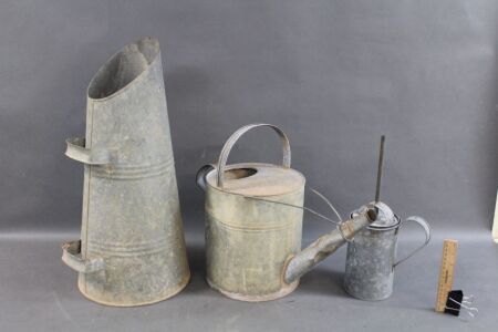 Vintage Galvanised Coal Scuttle, Watering Can & Carbide Lamp with spare jets