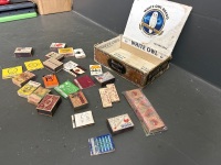 Selection of old matchboxes and match books in White Owl brand tabacco box - 3
