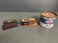 Vintage Lot of KLG Spark Plugs Tin, Sharpening Stones and Ampol 5lb Grease Tin (with grease)