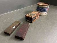 Vintage Lot of KLG Spark Plugs Tin, Sharpening Stones and Ampol 5lb Grease Tin (with grease) - 2