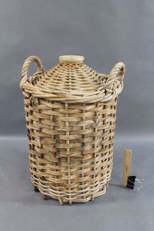 Large Vintage Stoneware Jar in Wicker Basket - Wicker As Is at Bottom