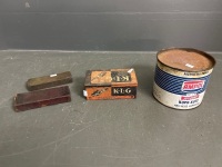 Vintage Lot of KLG Spark Plugs Tin, Sharpening Stones and Ampol 5lb Grease Tin (with grease) - 5