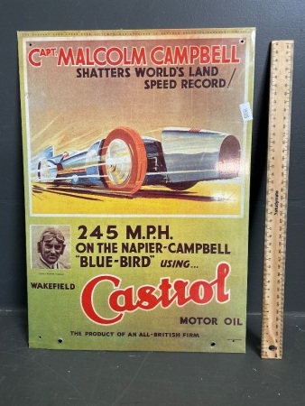 Tin Castrol Sign - Capt. Malcolm Cambell Shatters Speed Record