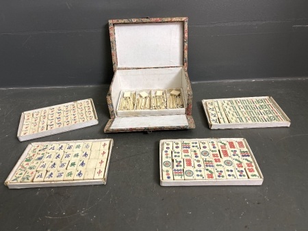 Vintage Mahjong Set with Bone Playing Pieces in Case