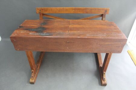 Antique Silky Oak Double School Desk with Folding Seat - As Is