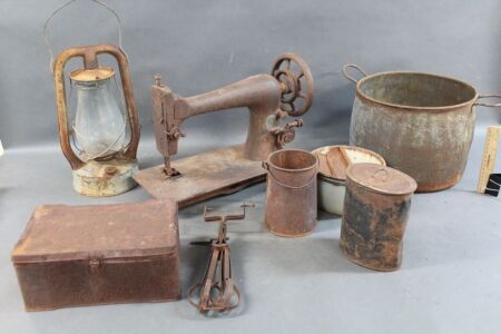 Asstd Lot of Pots, Tools, Lantern, Sewing Machine etc