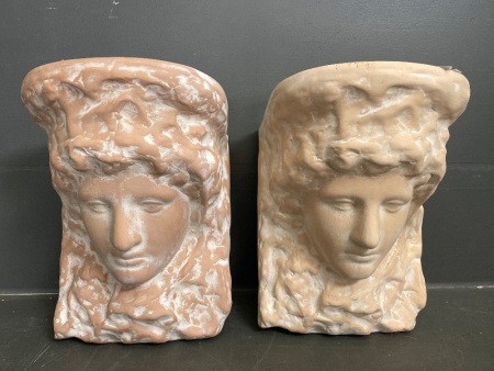 2 Terracotta Roman Head Wall Planters