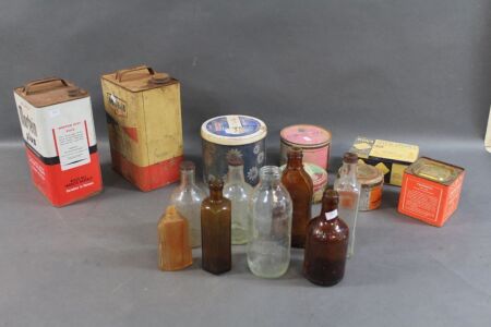 Box Lot of Asstd Vintage Tins & Glass Bottles