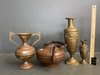 Mixed lot of copper and brass vases and a kettle - 2