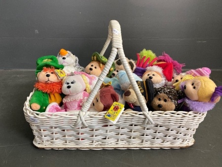 16 collectable Beanie Kids some with tags in cane basket