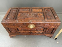 Asian Carved Camphor Chest with Brass Fittings - 2