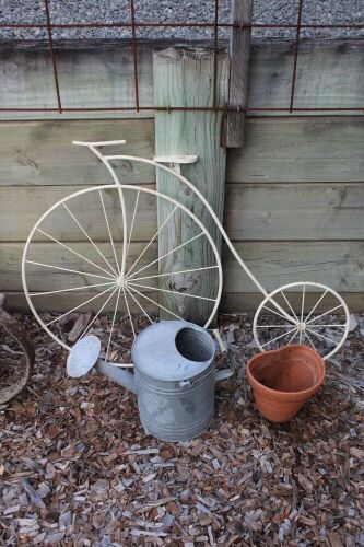 Penny Farthing Steel Wall Plaque, Galv. Water Can + Terra Wall Pot