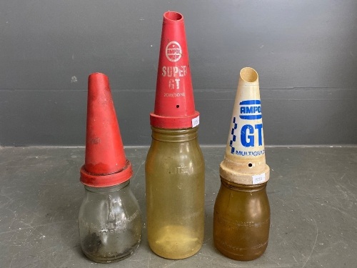 3 Oil Bottles with Plastic Pourers - 2 Plastic, 1 Glass