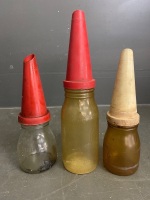 3 Oil Bottles with Plastic Pourers - 2 Plastic, 1 Glass - 2