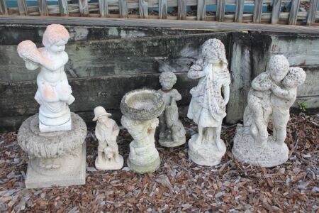 6 Assorted Concrete & Terracotta Statues + Plinth - Some As Is