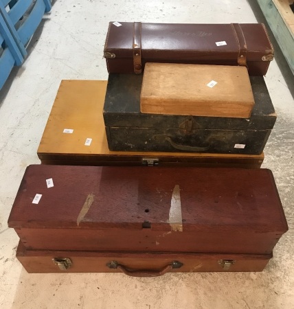 Collection of 5 Vintage Timber Artists Boxes + Leather & Cigar Box