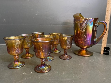 Amber Carnival Glass Water/Juice Set - Grape Pattern - Large Pitcher and 7 Goblets/Glasses