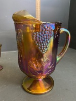 Amber Carnival Glass Water/Juice Set - Grape Pattern - Large Pitcher and 7 Goblets/Glasses - 2