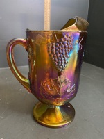 Amber Carnival Glass Water/Juice Set - Grape Pattern - Large Pitcher and 7 Goblets/Glasses - 3