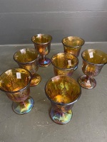 Amber Carnival Glass Water/Juice Set - Grape Pattern - Large Pitcher and 7 Goblets/Glasses - 4