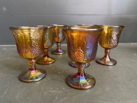 Amber Carnival Glass Water/Juice Set - Grape Pattern - Large Pitcher and 7 Goblets/Glasses - 5