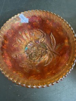 2 beautiful marigold carnival glass dishes, one with flower pattern and one with rose pattern - 2