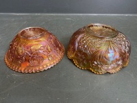 2 beautiful marigold carnival glass dishes, one with flower pattern and one with rose pattern - 4