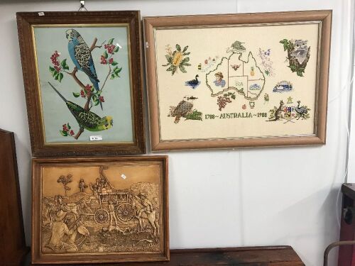 3 Framed Pics 1 Embroidery, 1 Painting, 1 Moulding