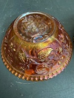 2 beautiful marigold carnival glass dishes, one with flower pattern and one with rose pattern - 5