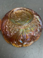 2 beautiful marigold carnival glass dishes, one with flower pattern and one with rose pattern - 6