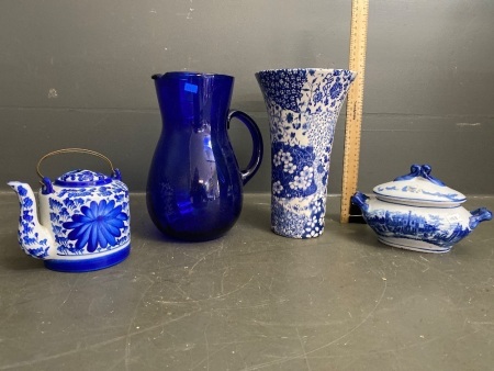 4 lovely blue and white household pieces