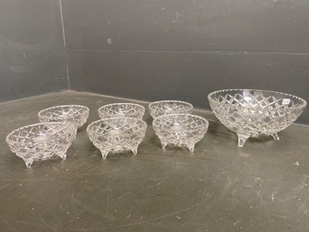 Grimwades (formally Aus. Crystal Co.) 3-Footed Crystal Salad Bowl and 6 Small Bowls