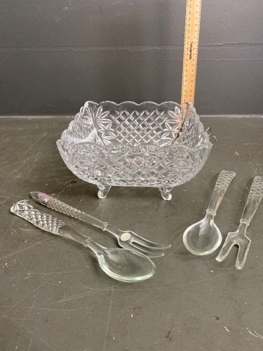 Grimwades 4-Footed Crystal Salad Bowl & 2 Pair ofSalad Servers - C1930s