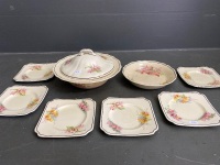 Royal Doulton Orchid Pattern Soup Tureen, Bowl, and 6 Plates