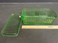 Uranium Glass Butter Dish with Green Glass Lid (not uranium)  - 2