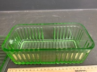 Uranium Glass Butter Dish with Green Glass Lid (not uranium)  - 3