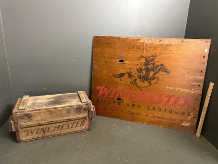 Winchester Wooden Ammunition Box and Advertising Sign - 
