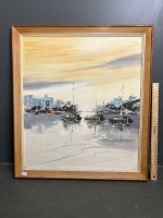 Oil on Board of Moored River Boats - Unsigned - Inscribed Verso Thomsen