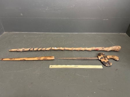 Interesting Walking Stick and Ground Iron Knife with Tiger Can Look Sheath and Handle