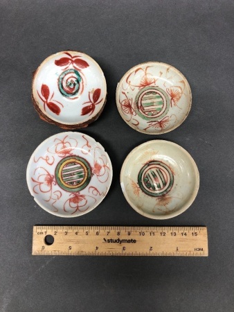 4 Ancient Ceramic Pin Dishes. Some Chipping