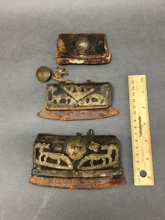 3 Antique Rare Afghani Brass & Leather Covered Iron Flint Strikers