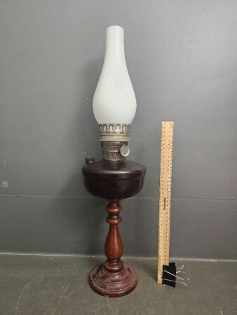Vintage Kerosine Lantern with Bakelite Font and Smoke Glass Chimney on Turned Wooden Base