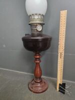 Vintage Kerosine Lantern with Bakelite Font and Smoke Glass Chimney on Turned Wooden Base - 2