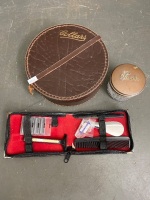 Leather travel shave and shoe kit, Leather Collar holder 1940's and Powder Pack Made in Germany