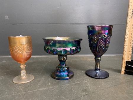 Carnival glass "Kings Crown" compot pedistal stand amethyst blue, purple carnival glass goblet and small orange wine carnival glass