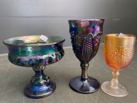 Carnival glass "Kings Crown" compot pedistal stand amethyst blue, purple carnival glass goblet and small orange wine carnival glass - 3